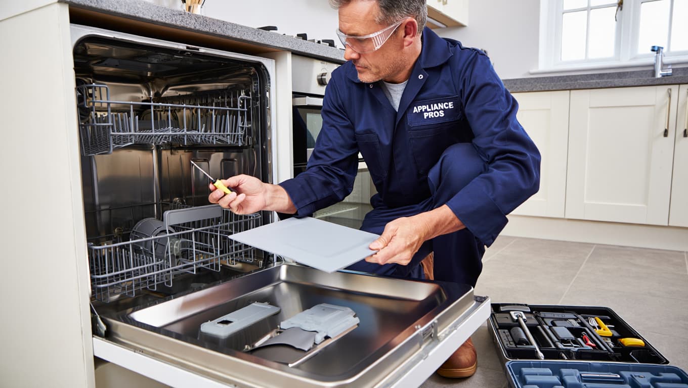 Professional appliance technician repairing dishwasher