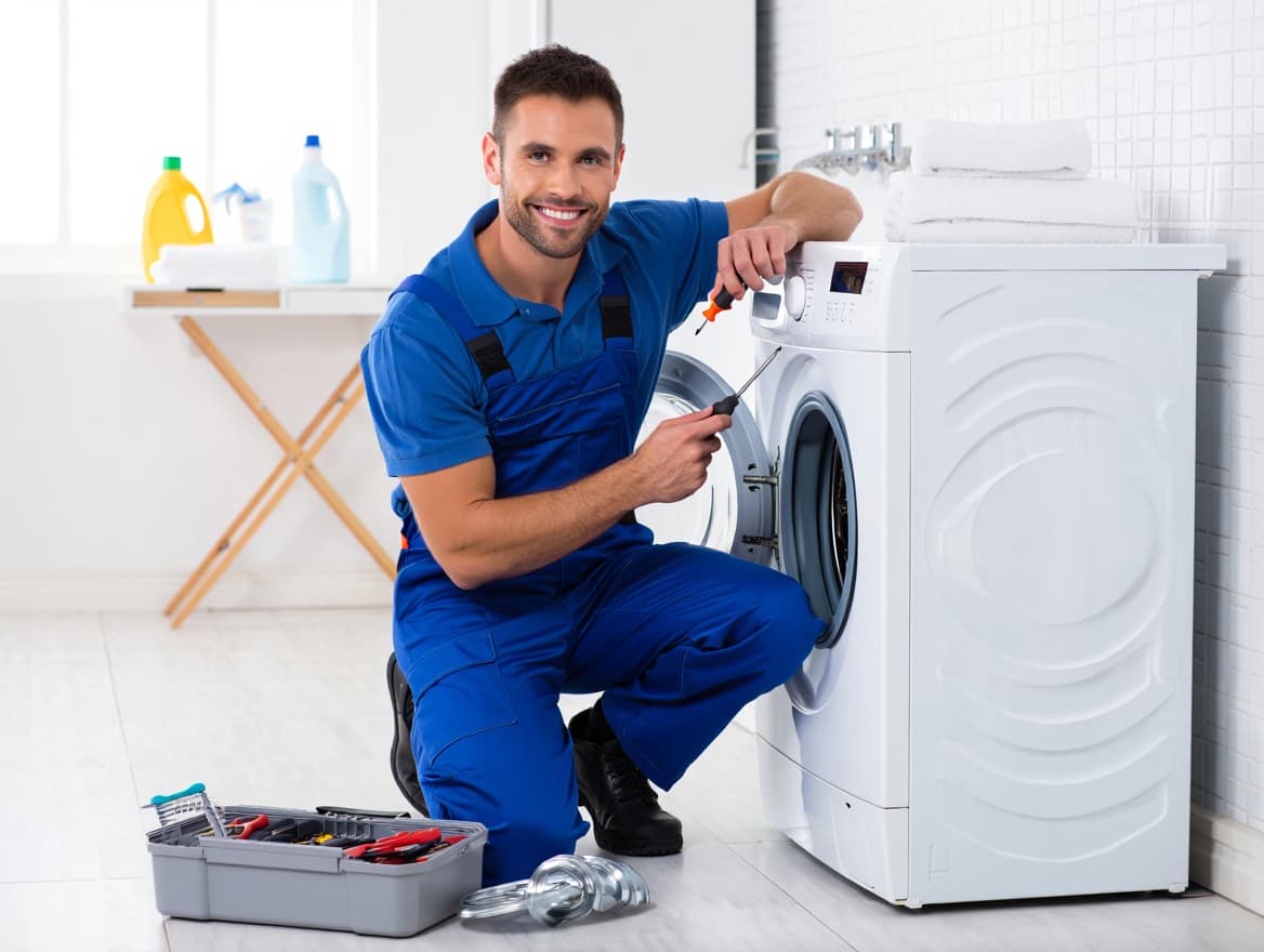 Professional appliance repair technician with washing machine
